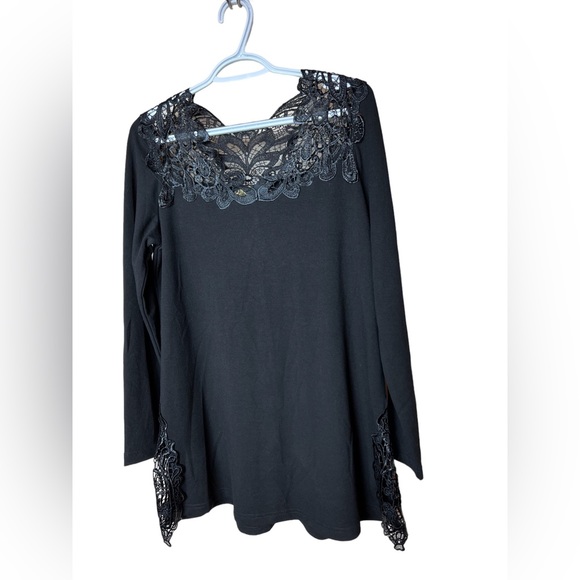 Joan Boyce formal black top w/ decorative lace neckline & sleeve, Size M - Picture 1 of 8